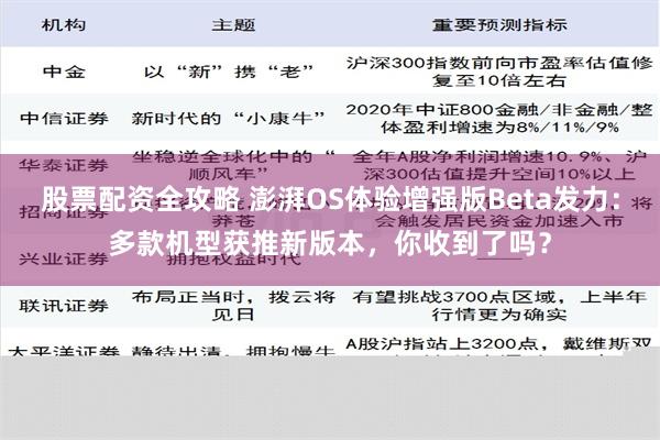 股票配资全攻略 澎湃OS体验增强版Beta发力：多款机型获推新版本，你收到了吗？